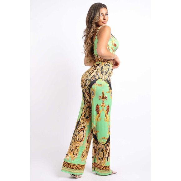 Women's Printed Sleeveless Crop Top And Matching Flare Pants Party Outfit Set - Picture 11 of 13
